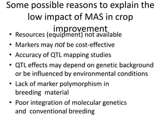 Some possible reasons to explain the
low impact of MAS in crop
improvement
• Resources (equipment) not available
• Markers may not be cost-effective
• Accuracy of QTL mapping studies
• QTL effects may depend on genetic background
or be influenced by environmental conditions
• Lack of marker polymorphism in
breeding material
• Poor integration of molecular genetics
and conventional breeding
 