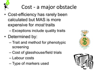 Cost - a major obstacle
• Cost-efficiency has rarely been
calculated but MAS is more
expensive for most traits
– Exceptions include quality traits
• Determined by:
– Trait and method for phenotypic
screening
– Cost of glasshouse/field trials
– Labour costs
– Type of markers used
 
