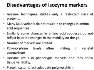 Disadvantages of isozyme markers
• Isozyme techniques studies only a restricted class of
proteins.
• Many DNA variants do not result in to changes in amino
acid sequences.
• Similarly some changes in amino acid sequeces do not
reflect in to the changes in the mobility on the gel
• Number of markers are limited
• Polymorphism levels often limiting in varietal
comparisons
• Isozyme are also phenotypic markers and they show
tissue variability.
• Protein systems lack adequate polymorphism.
 