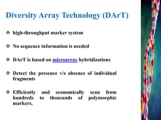 Diversity Array Technology (DArT)
 high-throughput marker system
 No sequence information is needed
 DArT is based on microarray hybridizations
 Detect the presence v/s absence of individual
fragments
 Efficiently and economically scan from
hundreds to thousands of polymorphic
markers.
 