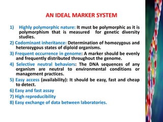 AN IDEAL MARKER SYSTEM
1) Highly polymorphic nature: It must be polymorphic as it is
polymorphism that is measured for genetic diversity
studies.
2) Codominant inheritance: Determination of homozygous and
heterozygous states of diploid organisms.
3) Frequent occurrence in genome: A marker should be evenly
and frequently distributed throughout the genome.
4) Selective neutral behaviors: The DNA sequences of any
organism are neutral to environmental conditions or
management practices.
5) Easy access (availability): It should be easy, fast and cheap
to detect.
6) Easy and fast assay
7) High reproducibility
8) Easy exchange of data between laboratories.
 