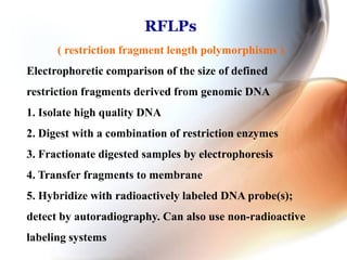 RFLPs
( restriction fragment length polymorphisms )
Electrophoretic comparison of the size of defined
restriction fragments derived from genomic DNA
1. Isolate high quality DNA
2. Digest with a combination of restriction enzymes
3. Fractionate digested samples by electrophoresis
4. Transfer fragments to membrane
5. Hybridize with radioactively labeled DNA probe(s);
detect by autoradiography. Can also use non-radioactive
labeling systems
 