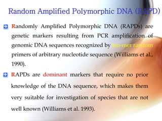 Random Amplified Polymorphic DNA (RAPD)
Randomly Amplified Polymorphic DNA (RAPDs) are
genetic markers resulting from PCR amplification of
genomic DNA sequences recognized by ten-mer random
primers of arbitrary nucleotide sequence (Williams et al.,
1990).
RAPDs are dominant markers that require no prior
knowledge of the DNA sequence, which makes them
very suitable for investigation of species that are not
well known (Williams et al. 1993).
 