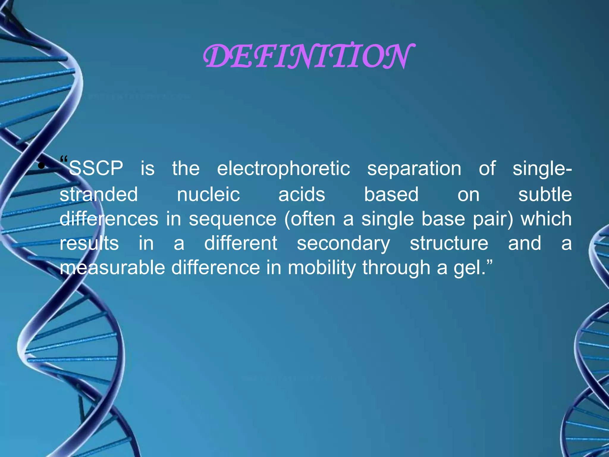 DEFINITION
• “SSCP is the electrophoretic separation of single-
stranded nucleic acids based on subtle
differences in sequence (often a single base pair) which
results in a different secondary structure and a
measurable difference in mobility through a gel.”
 