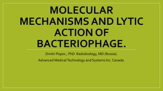 MOLECULAR
MECHANISMS AND LYTIC
ACTION OF
BACTERIOPHAGE.
Dmitri Popov , PhD Radiobiology, MD (Russia).
Advanced MedicalTechnology and Systems Inc. Canada.
 
