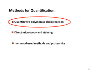 Methods	
  for	
  QuanDﬁcaDon:	
  
QuanDtaDve	
  polymerase	
  chain	
  reacDon	
  	
  	
  
Direct	
  microscopy	
  and	
  staining	
  
Immuno-­‐based	
  methods	
  and	
  proteomics	
  	
  	
  	
  
24	
  
 