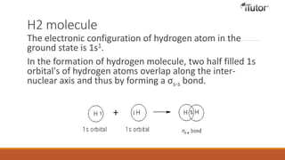 H2 molecule
The electronic configuration of hydrogen atom in the
ground state is 1s1.
In the formation of hydrogen molecule, two half filled 1s
orbital's of hydrogen atoms overlap along the inter-
nuclear axis and thus by forming a σs-s bond.
 