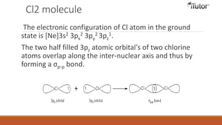 Cl2 molecule
The electronic configuration of Cl atom in the ground
state is [Ne]3s2 3px
2 3py
2 3pz
1.
The two half filled 3pz atomic orbital's of two chlorine
atoms overlap along the inter-nuclear axis and thus by
forming a σp-p bond.
 
