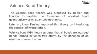 Valence Bond Theory
The valence bond theory was proposed by Heitler and
London to explain the formation of covalent bond
quantitatively using quantum mechanics.
Later on, Linus Pauling improved this theory by introducing
the concept of hybridization.
Valence bond (VB) theory assumes that all bonds are localized
bonds formed between two atoms by the donation of an
electron from each atom.
 