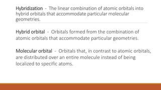 Hybridization - The linear combination of atomic orbitals into
hybrid orbitals that accommodate particular molecular
geometries.
Hybrid orbital - Orbitals formed from the combination of
atomic orbitals that accommodate particular geometries.
Molecular orbital - Orbitals that, in contrast to atomic orbitals,
are distributed over an entire molecule instead of being
localized to specific atoms.
 