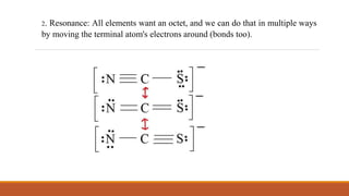 2. Resonance: All elements want an octet, and we can do that in multiple ways
by moving the terminal atom's electrons around (bonds too).
 