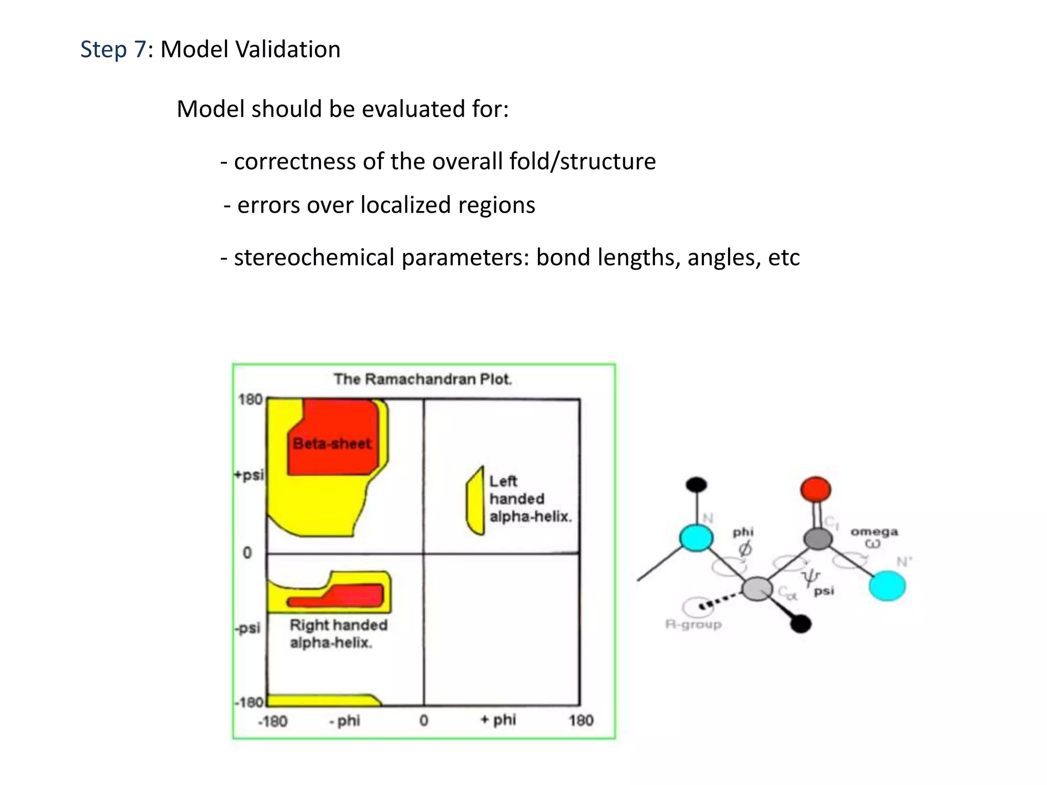 Step 7: Model Validation
Model should be evaluated for:
- correctness of the overall fold/structure
- errors over localized regions
- stereochemical parameters: bond lengths, angles, etc
 