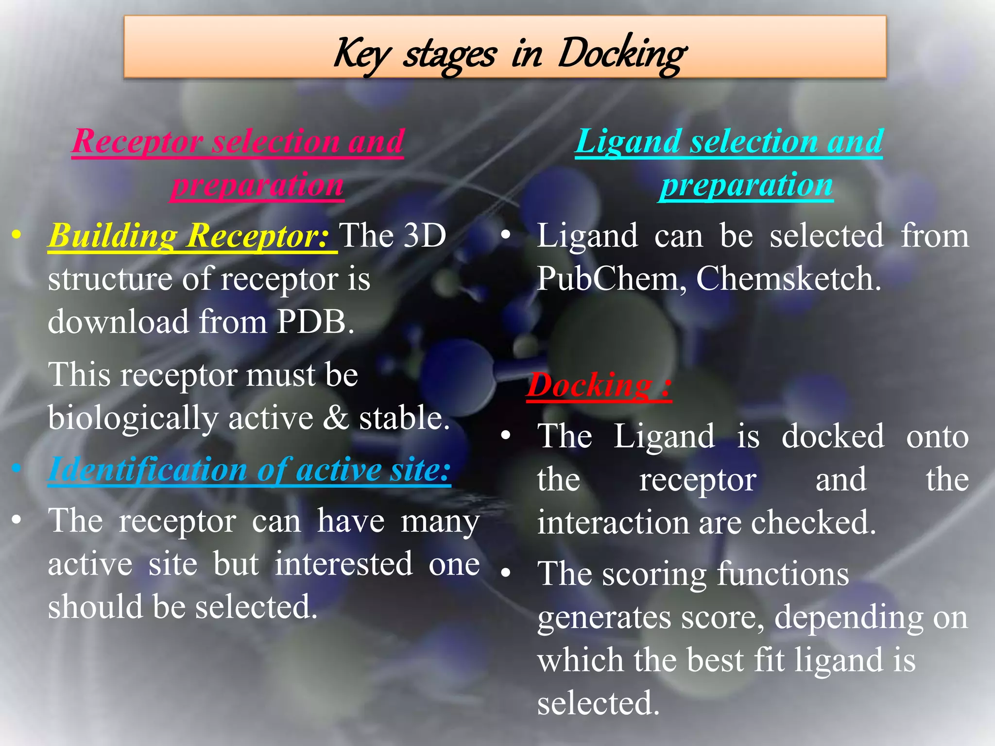 Key stages in Docking
Receptor selection and
preparation
• Building Receptor: The 3D
structure of receptor is
download from PDB.
This receptor must be
biologically active & stable.
• Identification of active site:
• The receptor can have many
active site but interested one
should be selected.
Ligand selection and
preparation
• Ligand can be selected from
PubChem, Chemsketch.
Docking :
• The Ligand is docked onto
the receptor and the
interaction are checked.
• The scoring functions
generates score, depending on
which the best fit ligand is
selected.
 