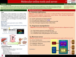 .                                                                Molecular online tools and server                                                                                                                           16
 Context                                                                                                                                                                                                                          Biological Hypothesis
Statement of problem / Case study:
         The FXN gene provides instructions for making a protein called frataxin. This protein is found in cells throughout the body, with the highest levels in the heart, spinal cord, liver, pancreas, and muscles. The        Reduced expression of frataxin is the
protein is used for voluntary movement (skeletal muscles). Within cells, frataxin is found in energy-producing structures called mitochondria. Although its function is not fully understood, frataxin appears to help assemble   cause of Friedrich's ataxia (FRDA), a
clusters of iron and sulfur molecules that are critical for the function of many proteins, including those needed for energy production. Mutations in the FXN gene cause Friedreich ataxia. Friedreich ataxia is a genetic        lethal neurodegenerative disease, how
condition that affects the nervous system and causes movement problems. Most people with Friedreich ataxia begin to experience the signs and symptoms of the disorder around puberty.                                             about liver cancer?


   0. Specification & aims                                                                              Resolution process
  Aim:                                                                                                  T1. Genome exploration:
  The purpose of this experiment is to initiate online                                                  Objective: used of Ensembl online tools to localize the FXN on the human genome and
  biological exploration tools of the human genome. We                                                  identify the genes implicate in pancreatic cancer disease. After, getting an appropriate
  simulated the application (FXN gene and pancreatic                                                    data (sequence) on FASTA and Blast format.
  cancer). Now we can understand how a researcher can
  come to identify cross biological knowledge available                                                   T1.1. Locate a given gene on human genome
  in data banks.                                                                                          T1.2. Get a genomic sequence from NCBI
 Keywords:                                                                                                T1.3. Get the protein information and sequence from EBI
 Bio: FXN, Frataxin, pancreatic cancer, CDKN4                                                             T1.4. Save the export sequences data in data folder
 Math: HMM,
 Informatics: programing, bioinformatics tools, getting                                                   T2. Sequences manipulation
 and exporting data
                                                                                                             Objective: Find similar sequence using BLAST tools and make an alignment on given
  FXN on chromosome 9                            Frataxin molecule structure (pymol)                                                             sequences.
                                                                                                              T2.1. Find similar sequences using BLAST tool
                                                                                                              T2.2. Align generated sequences with ClustalW tool
                                                                                                              T1.3. Visualized result using phylogenic tree on Jalview
                                 Biological DB




                                                 ?
                                                                                                          T3. Bioextract server
                                                                                                          Objective: used server tool to optimized data manipulation process, apply on Bioextract server.
                                                      Tools




                                                                                                          T3.1. Server Initialization
                                                                                                          T3.2. Pancreatic cancer & Frataxin (FXN)
                                                                                                          T3.3. Mapping, Alignment
    Pancreas anatomy                                                 Pancreatic cancer                    T3.4. Workflow save & reused
  Acquired skills
  Online and server tools:
  - Query biological DB (fasta, Html, txt, figure formats)                                               Conclusion: ?
  - Sequence tools (protein and gene)
      Mapping (tmap)
      Alignment (clustalw2)
  - Manage data result (select, keep, map, export)
  - Built and reuse workflow
                   16 Korean   Bioinformation Center, 2010                                                                                                                                                                                                                1
 