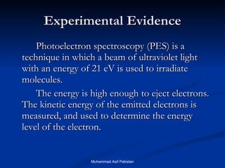 Experimental Evidence Photoelectron spectroscopy (PES) is a technique in which a beam of ultraviolet light with an energy of 21 eV is used to irradiate molecules.  The energy is high enough to eject electrons.  The kinetic energy of the emitted electrons is measured, and used to determine the energy level of the electron. Muhammad Asif Pakistan 
