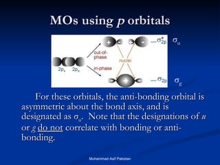 MOs using  p  orbitals For these orbitals, the anti-bonding orbital is asymmetric about the bond axis, and is designated as  σ u .  Note that the designations of  u  or  g   do not  correlate with bonding or anti-bonding. + + + - - - - σ g σ u Muhammad Asif Pakistan 