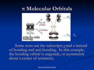 π  Molecular Orbitals Some texts use the subscripts  g  and  u  instead of bonding and anti-bonding.  In this example, the bonding orbital is ungerade, or asymmetric about a center of symmetry. side-by-side overlap + + + - - - π u Muhammad Asif Pakistan 