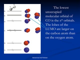 The lowest unoccupied molecular orbital of CO is the  π * orbitals. The lobes of the LUMO are larger on the carbon atom than on the oxygen atom. Muhammad Asif Pakistan 