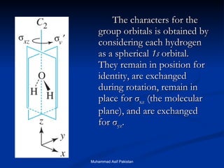 The characters for the group orbitals is obtained by considering each hydrogen as a spherical  1s  orbital.  They remain in position for identity, are exchanged during rotation, remain in place for σ xz  (the molecular plane), and are exchanged for σ yz . Muhammad Asif Pakistan 