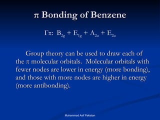 π  Bonding of Benzene Г π :  B 2g  + E 1g  + A 2u  + E 2u Group theory can be used to draw each of the  π  molecular orbitals.  Molecular orbitals with fewer nodes are lower in energy (more bonding), and those with more nodes are higher in energy (more antibonding). Muhammad Asif Pakistan 