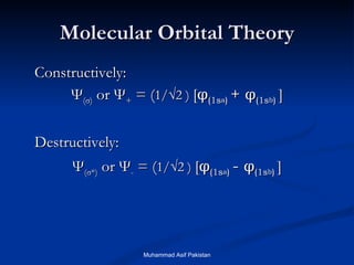 Molecular Orbital Theory Constructively: Ψ ( σ )  or  Ψ +  = ( 1/√2 )  [ φ (1s a )  +  φ (1s b )  ] Destructively: Ψ ( σ *)  or  Ψ -  = ( 1/√2 )  [ φ (1s a )  -  φ (1s b )  ] Muhammad Asif Pakistan 