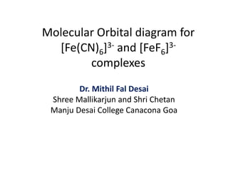 Molecular Orbital diagram for
[Fe(CN)6]3- and [FeF6]3-
complexes
Dr. Mithil Fal Desai
Shree Mallikarjun and Shri Chetan
Manju Desai College Canacona Goa
 