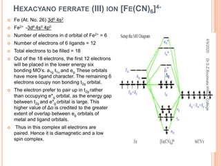 HEXACYANO FERRATE (III) ION [FE(CN)6]4-
 Fe (At. No. 26) 3d6 4s2
 Fe2+ -3d6 4s0 4p0
 Number of electrons in d orbital of Fe2+ = 6
 Number of electrons of 6 ligands = 12
 Total electrons to be filled = 18
 Out of the 18 electrons, the first 12 electrons
will be placed in the lower energy six
bonding MO’s. a1g t1u and eg. These orbitals
have more ligand character. The remaining 6
electrons occupy non bonding t2g orbital.
 The electron prefer to pair up in t2g rather
than occupying e*g orbital, as the energy gap
between t2g and e*g orbital is large. This
higher value of Δo is credited to the greater
extent of overlap between eg orbitals of
metal and ligand orbitals.
 Thus in this complex all electrons are
paired. Hence it is diamagnetic and a low
spin complex.
4/9/2020
18
Dr.S.Z.Bootwala,WilsonCollege
 