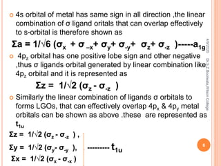  4s orbital of metal has same sign in all direction ,the linear
combination of σ ligand oritals that can overlap effectively
to s-orbital is therefore shown as
Ʃa = 1/√6 (σx + σ –x+ σy+ σ-y+ σz+ σ-z )-----a1g
 4pz orbital has one positive lobe sign and other negative
,thus σ ligands orbital generated by linear combination like
4pz orbital and it is represented as
Ʃz = 1/√2 (σz - σ-z )
 Similarly the linear combination of ligands σ orbitals to
forms LGOs, that can effectively overlap 4px & 4py metal
orbitals can be shown as above .these are represented as
t1u
Ʃz = 1/√2 (σz - σ-z ) ,
Ʃy = 1/√2 (σy- σ-y ), --------- t1u
Ʃx = 1/√2 (σx - σ-x )
4/9/2020
6
Dr.S.Z.Bootwala,WilsonCollege
 