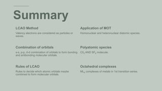 Summary
LCAO Method
Valency electrons are considered as particles or
waves.
Application of MOT
Homonuclear and heteronuclear diatomic species.
Combination of orbitals
s-s, p-p, d-d combination of orbitals to form bonding
and antibonding molecular orbitals.
Polyatomic species
C02 AND SF6 molecule.
Rules of LCAO
Rules to decide which atomic orbitals maybe
combined to form molecular orbitals.
Octahedral complexes
ML6 complexes of metals in 1st transition series.
 