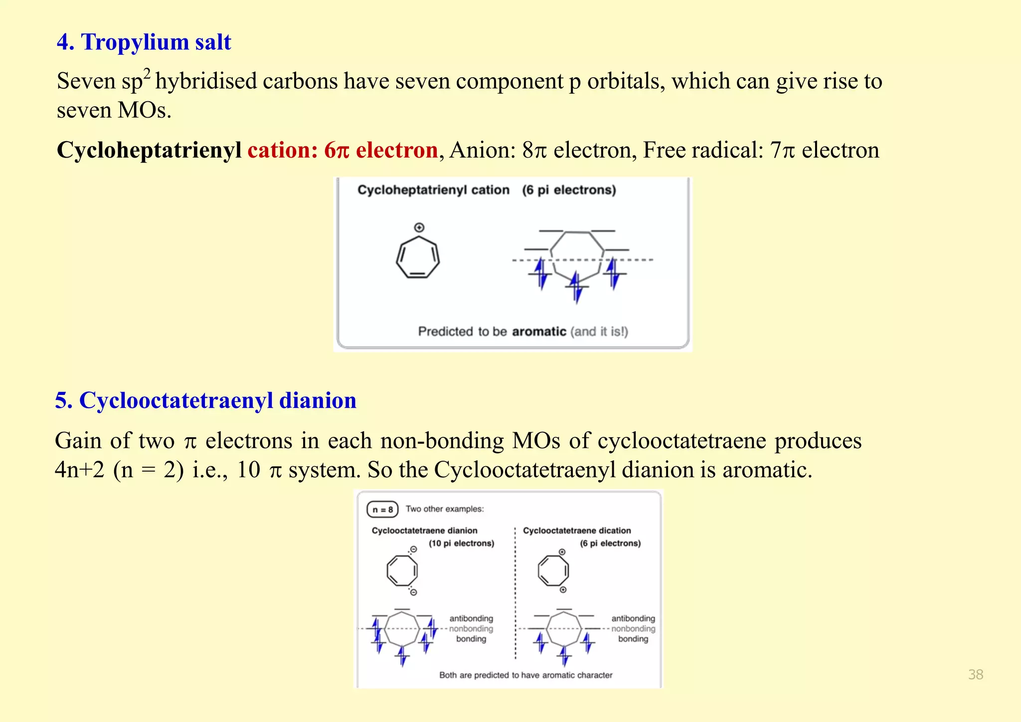 BMO is completely filled: stable
5. Cyclooctatetraenyl dianion
Gain of two  electrons in each non-bonding MOs of cyclooctatetraene produces
4n+2 (n = 2) i.e., 10  system. So the Cyclooctatetraenyl dianion is aromatic.
38
4. Tropylium salt
Seven sp2
hybridised carbons have seven component p orbitals, which can give rise to
seven MOs.
Cycloheptatrienyl cation: 6 electron, Anion: 8 electron, Free radical: 7 electron
 