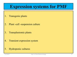 Expression systems for PMF
1. Transgenic plants
2. Plant -cell -suspension culture
3. Transplastomic plants
4. Transient expression system
5. Hydroponic cultures
1/7/2017 17Dept. of Plant Biotechnology
 