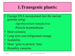 1.Transgenic plants:
• Foreign DNA incorporated into the nuclear
genome using-
-Agrobacterium tumefaciens
-Particle bombardment
• Most common
• Long term non-refrigerated storage
• Scalability
• More ‘gene to protein’ time
• Biosafety concerns
1/7/2017 18Dept. of Plant Biotechnology
 