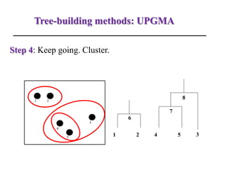 Tree-building methods: UPGMA
Step 4: Keep going. Cluster.
1 2
3
4
5
1 2
6
4 5
7
3
8
 