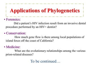 • Forensics:
Did a patient’s HIV infection result from an invasive dental
procedure performed by an HIV+ dentist?
Applications of Phylogenetics
• Conservation:
How much gene flow is there among local populations of
island foxes off the coast of California?
• Medicine:
What are the evolutionary relationships among the various
prion-related diseases?
To be continued…
 