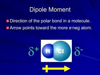 Dipole Moment
Direction of the polar bond in a molecule.
Arrow points toward the more e-neg atom.
H Cl
+ -
 