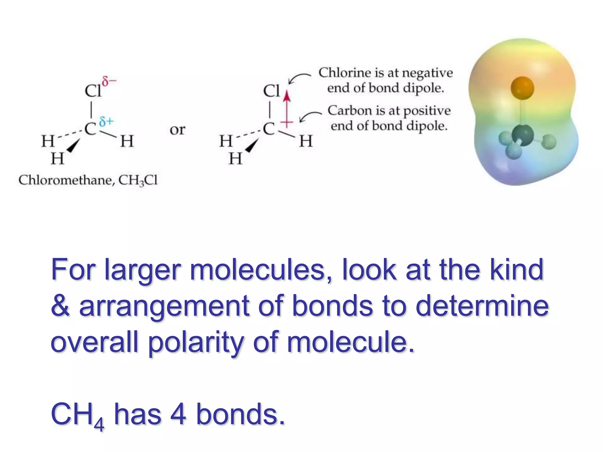 For larger molecules, look at the kind
& arrangement of bonds to determine
overall polarity of molecule.
CH4 has 4 bonds.
 