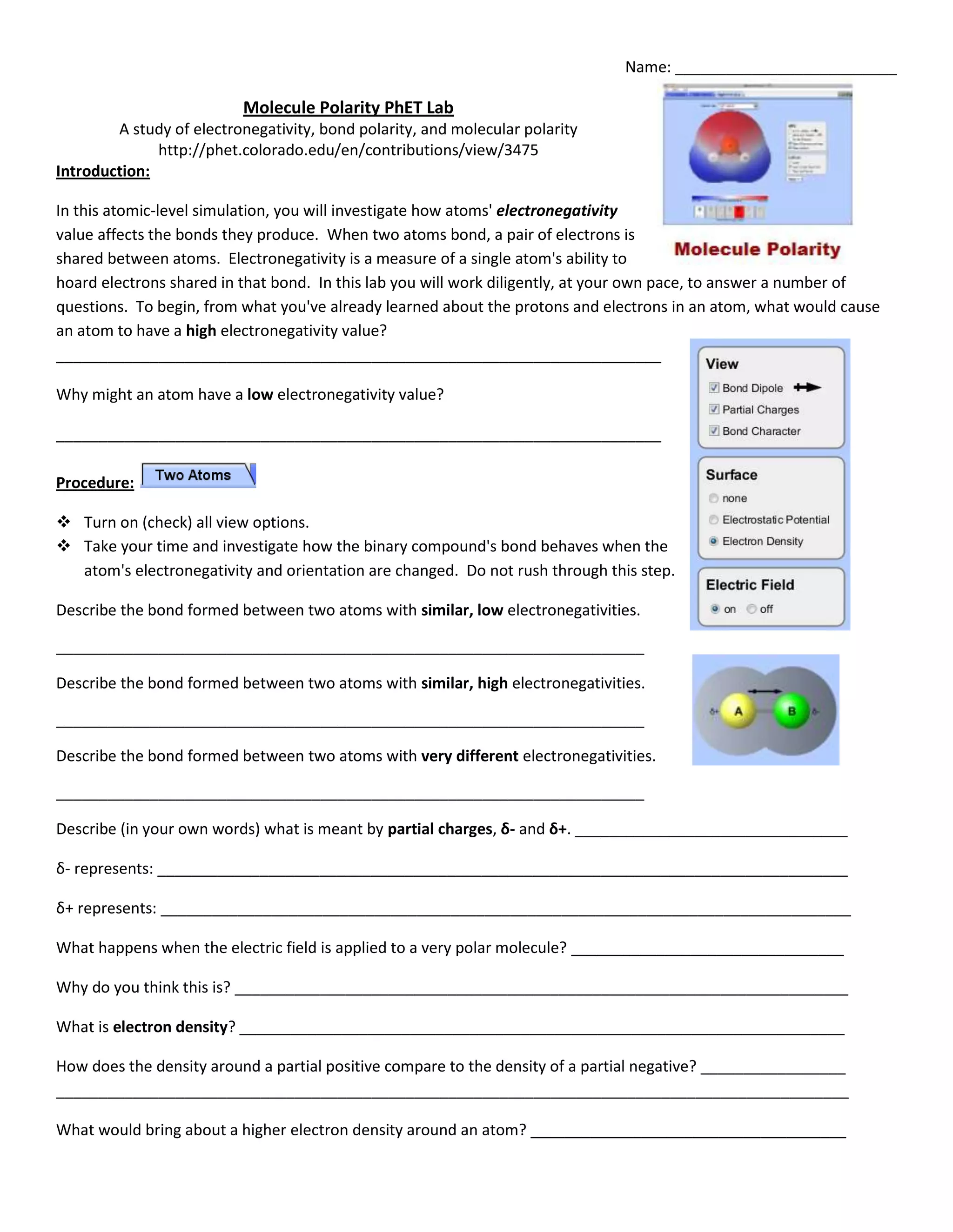 Molecular polarity phet lab | DOCX | Chemistry | Science