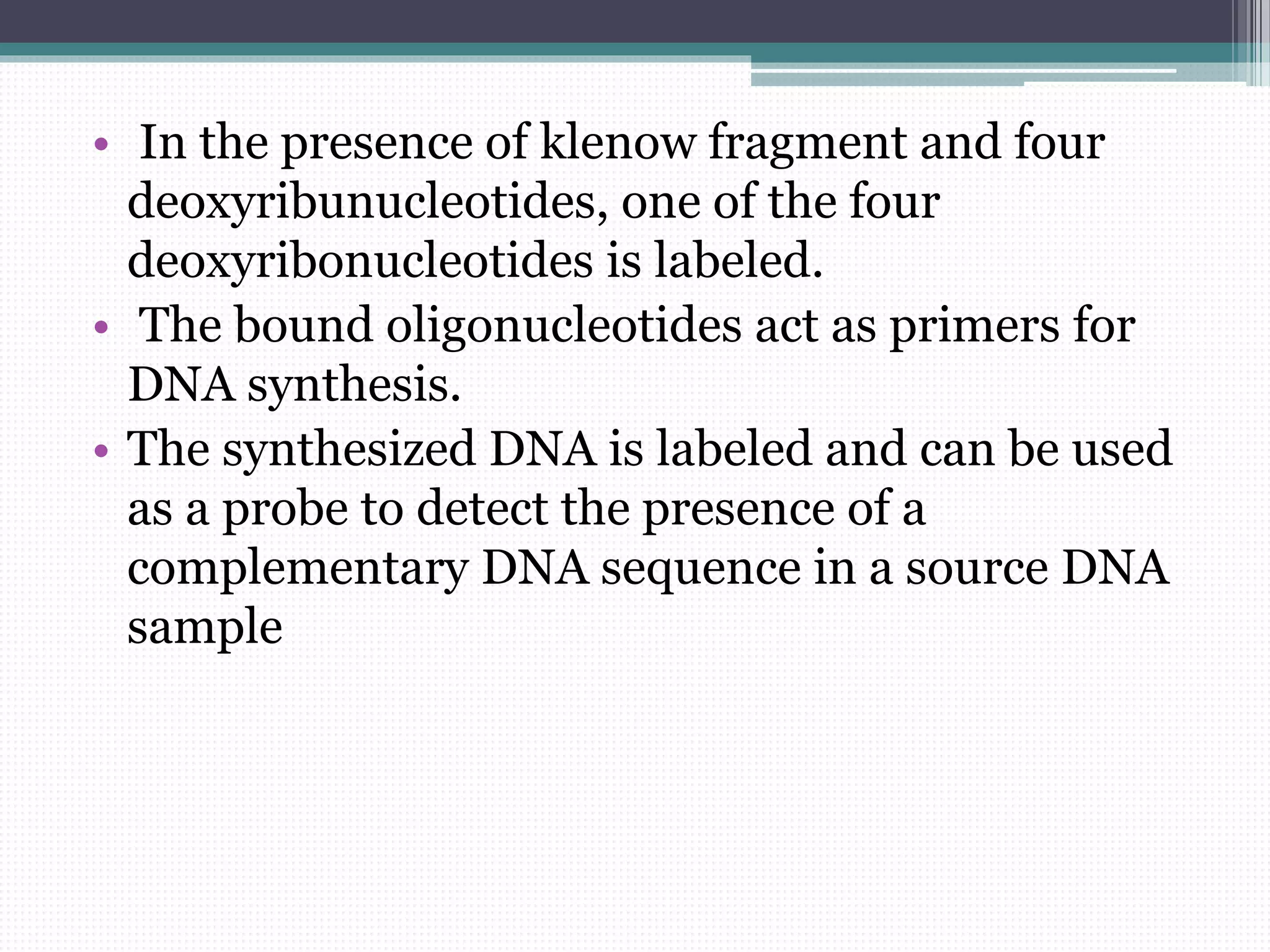 • In the presence of klenow fragment and four
deoxyribunucleotides, one of the four
deoxyribonucleotides is labeled.
• The bound oligonucleotides act as primers for
DNA synthesis.
• The synthesized DNA is labeled and can be used
as a probe to detect the presence of a
complementary DNA sequence in a source DNA
sample
 