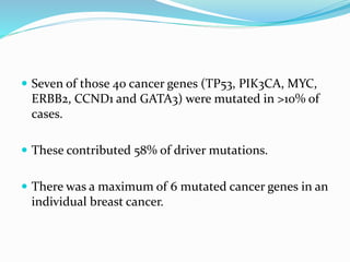  Seven of those 40 cancer genes (TP53, PIK3CA, MYC,
ERBB2, CCND1 and GATA3) were mutated in >10% of
cases.
 These contributed 58% of driver mutations.
 There was a maximum of 6 mutated cancer genes in an
individual breast cancer.
 