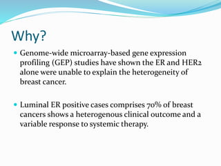 Why?
 Genome-wide microarray-based gene expression
profiling (GEP) studies have shown the ER and HER2
alone were unable to explain the heterogeneity of
breast cancer.
 Luminal ER positive cases comprises 70% of breast
cancers shows a heterogenous clinical outcome and a
variable response to systemic therapy.
 
