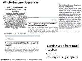 Agro 643 – MAS and Genomic Selection – Genotyping Platforms
Whole Genome Sequencing
Coming soon from DOE!
- soybean
- cotton
- re-sequencing sorghum
 