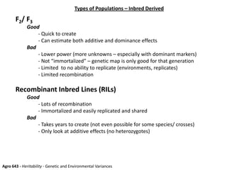 Types of Populations – Inbred Derived
Agro 643 - Heritability - Genetic and Environmental Variances
F2/ F3
Good
- Quick to create
- Can estimate both additive and dominance effects
Bad
- Lower power (more unknowns – especially with dominant markers)
- Not “immortalized” – genetic map is only good for that generation
- Limited to no ability to replicate (environments, replicates)
- Limited recombination
Recombinant Inbred Lines (RILs)
Good
- Lots of recombination
- Immortalized and easily replicated and shared
Bad
- Takes years to create (not even possible for some species/ crosses)
- Only look at additive effects (no heterozygotes)
 