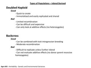 Types of Populations – Inbred Derived
Agro 643 - Heritability - Genetic and Environmental Variances
Doubled Haploid
Good
- Quick to create
- Immortalized and easily replicated and shared
Bad
- Limited recombination
- Can be difficult and expensive
- Can only look at additive effects (no heterozygotes)
Backcross
Good
- Can be combined with trait introgression breeding
- Moderate recombination
Bad
- Difficult to replicate unless further inbred
- Can not evaluate additive effects (no donor parent recessive
homozygotes)
 