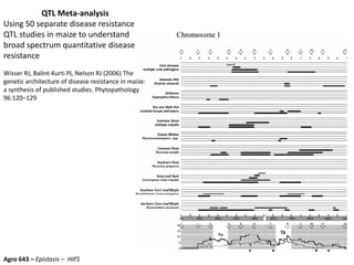 QTL Meta-analysis
Using 50 separate disease resistance
QTL studies in maize to understand
broad spectrum quantitative disease
resistance
Wisser RJ, Balint-Kurti PJ, Nelson RJ (2006) The
genetic architecture of disease resistance in maize:
a synthesis of published studies. Phytopathology
96:120–129
Agro 643 – Epistasis – HIFS
 