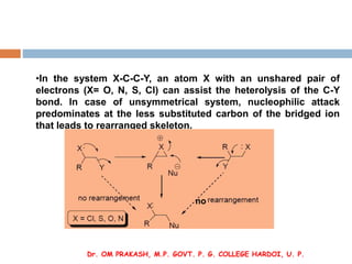 •In the system X-C-C-Y, an atom X with an unshared pair of
electrons (X= O, N, S, Cl) can assist the heterolysis of the C-...
