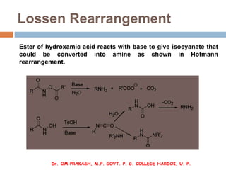Lossen Rearrangement
Ester of hydroxamic acid reacts with base to give isocyanate that
could be converted into amine as sh...