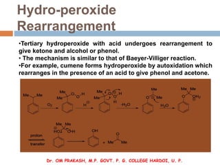 Hydro-peroxide
Rearrangement
•Tertiary hydroperoxide with acid undergoes rearrangement to
give ketone and alcohol or pheno...