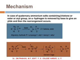 Mechanism
In case of quaternary ammonium salts containing β-ketone or
ester or aryl group, an α- hydrogen is removed by ba...