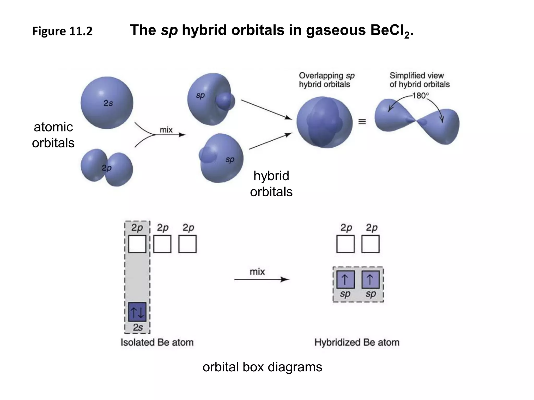 Figure 11.2 The sp hybrid orbitals in gaseous BeCl2.
atomic
orbitals
hybrid
orbitals
orbital box diagrams
 