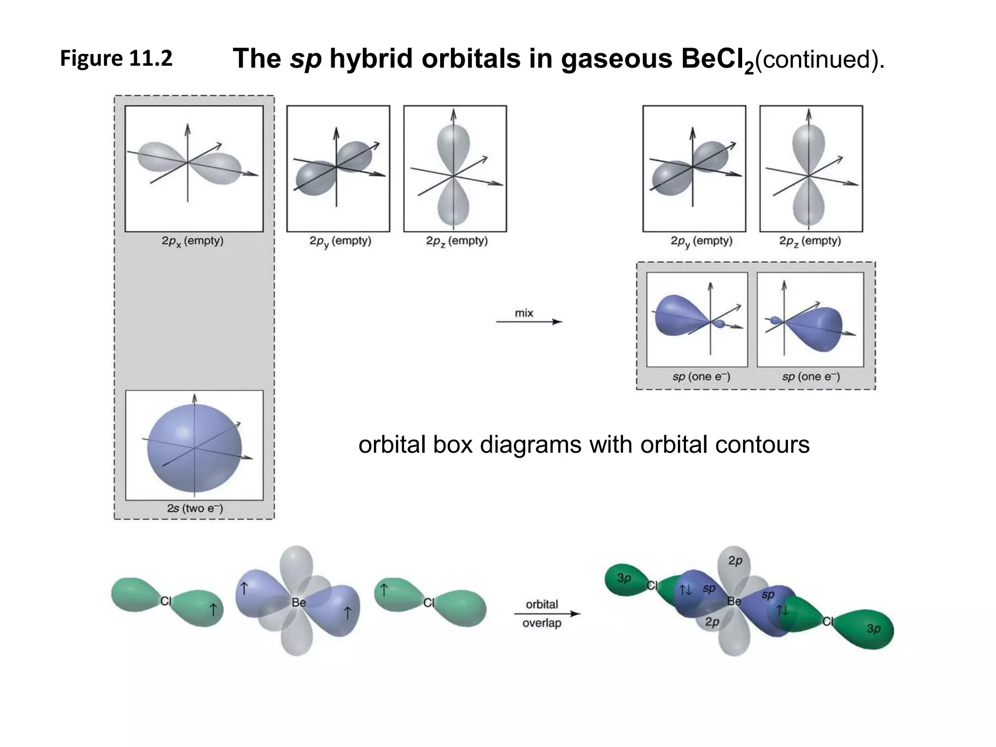 Figure 11.2 The sp hybrid orbitals in gaseous BeCl2(continued).
orbital box diagrams with orbital contours
 